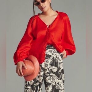 Anthropologie Maeve Linen The Audie Puff-Sleeve Oversized Top Shirt XS